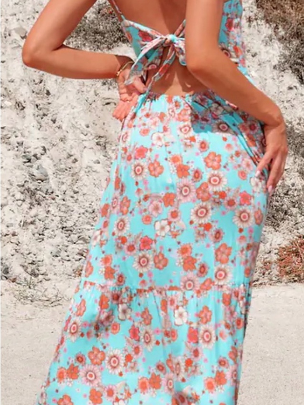 Cupshe Aqua Floral Twist-Front Maxi Dress with Coral Accents - Picture 7 of 7
